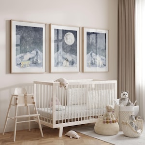 Láminas de arte de pared para guardería de Arctic Mountain, decoración de guardería de animales del Ártico, láminas de cielo nocturno con estrellas y luna, juego de 3 láminas, osos polares y pingüinos
