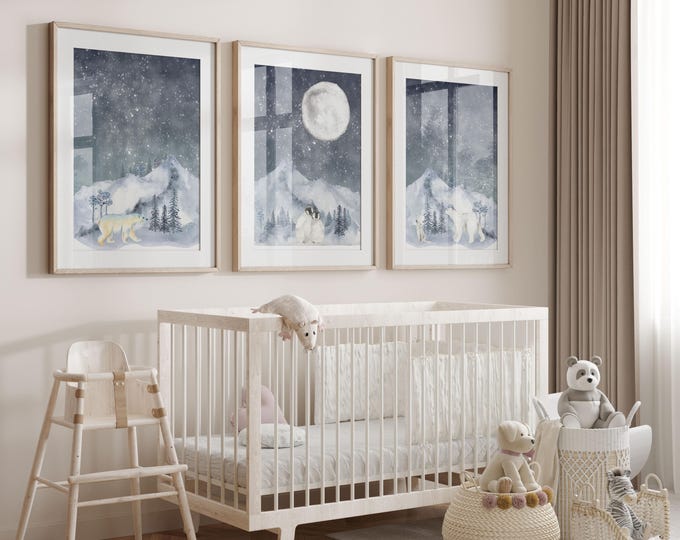 Polar Bear Nursery Wall Art Set, Arctic Mountain Landscape with Moon & Stars, Arctic Animal  Watercolor Prints, Baby Room Decor Set of 3