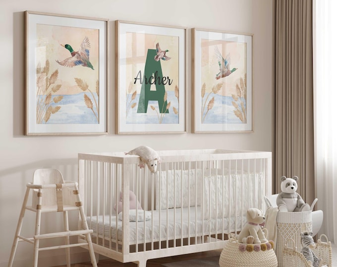 Personalized Watercolor Duck Nursery Prints: Hunting Nursery Decor, Set of 3