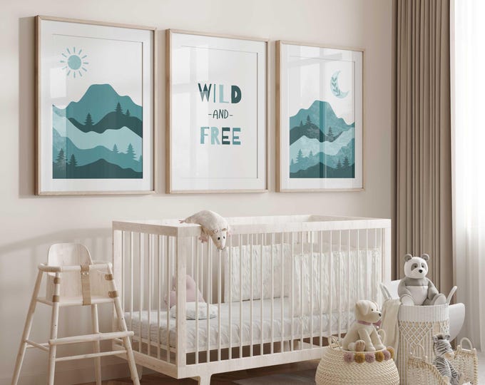 Abstract Mountain nursery wall art prints, Teal Mountain Nursery Decor, Mountain Nursery prints, Wild and Free Art Prints, Day and Night Art