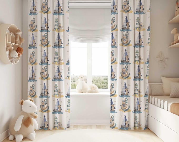 Teddy Bear Sailor Nursery Curtains, Nautical Nursery Window Curtains, Nautical Nursery Drapes, Kids Bedroom Curtains, Sailboat curtains