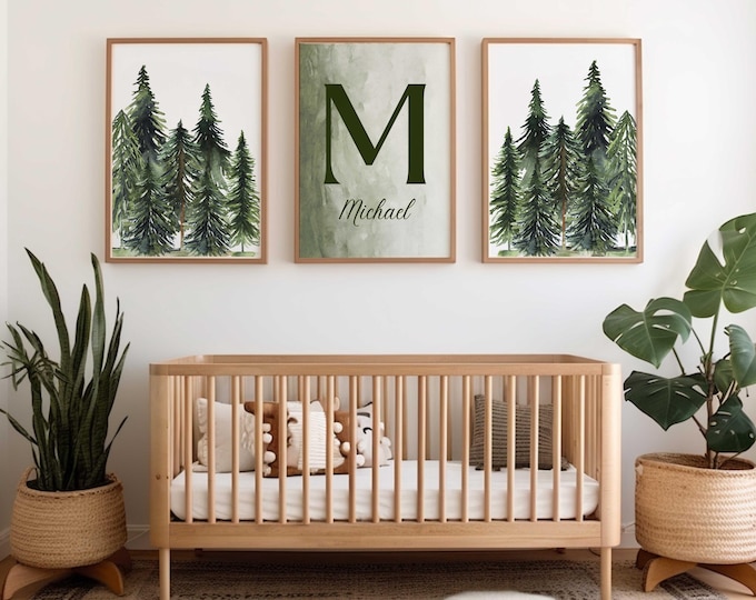 Personalized Pine Tree Nursery Decor, Forest Nursery Prints, Woodland nursery wall art prints, Set of 3 Canvas Prints, Green Nursery Art