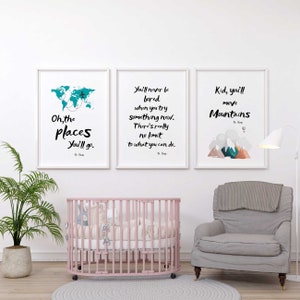 Oh The Places You’ll Go Nursery Prints – Set Of 6 Airplane & Safari Animal Wall Art, 8x10 Unframed, Watercolor Decor For Kids Room