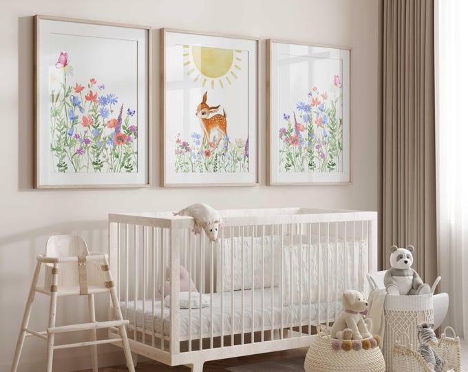 Wildflower Garden Nursery Prints: Deer Meadow Wall Art, Set of 3 Canvas