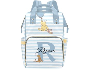 Personalized Winnie the Pooh Diaper Bag, Blue Baby Boy Backpack, Custom Name Baby Bag, Baby Shower Gift, Pooh Nursery Gift