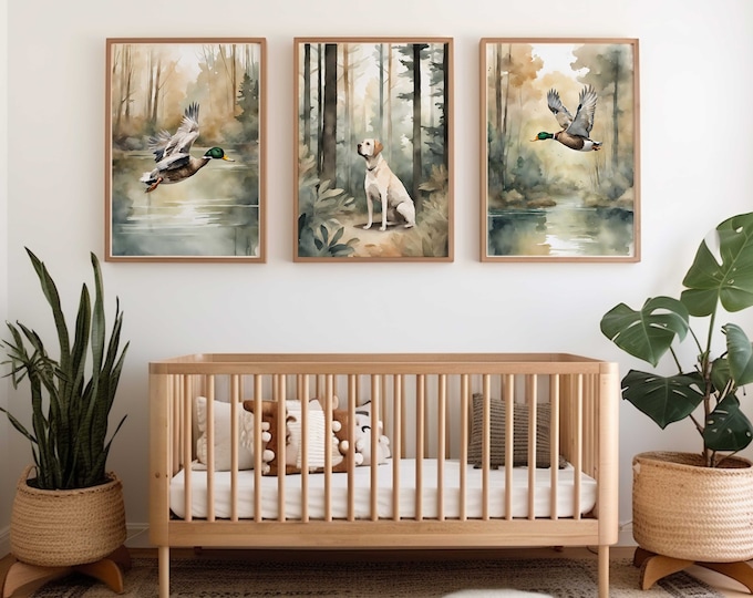 Watercolor duck nursery wall decor | duck hunting nursery prints | Hunting Dog nursery Prints | Set of 3 prints | Boy Hunting Nursery Decor