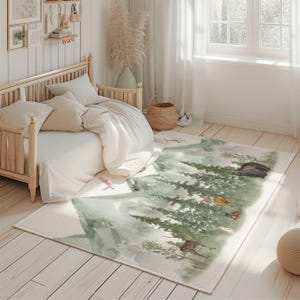 Forest Animal Nursery Rug: Green Mountain Kids Bedroom Carpet