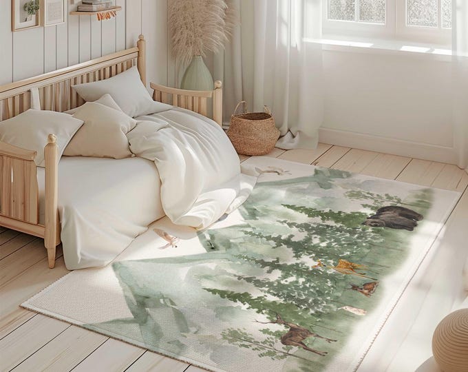 Mountain nursery & kids bedroom area rug, Forest animal nursery rug, kids bedroom carpet, Green Mountain nursery rug, Mountain nursery decor