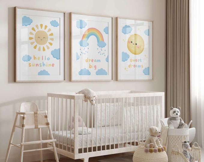 Sunshine, Rainbow, Moon Nursery Wall Art Prints, Sky Nursery Decor, Rainbow Baby Nursery,  Set of 3 Nursery Prints, Gender Neutral Prints
