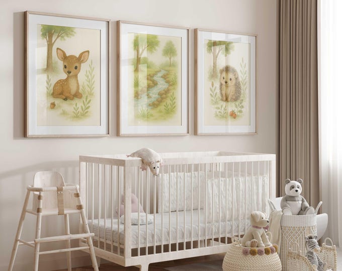 Woodland Nursery Prints Set of 3, Watercolor Fawn, Hedgehog, and Forest River, Green & Beige Baby Room Wall Art, Nature Animal Nursery Decor