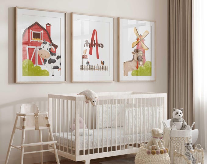 Personalized Farm Animal Nursery Wall Art Prints, Cow and Horse Nursery Decor, Set of 3 Nursery canvas prints, Farm Animal Nursery Decor