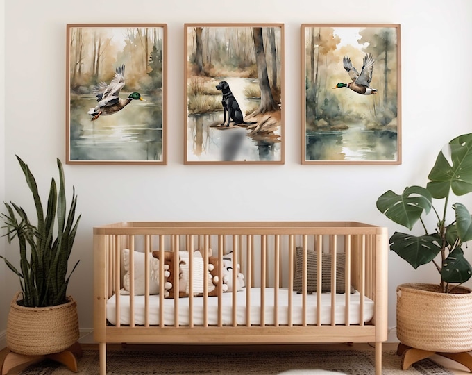 Watercolor duck nursery wall decor | duck hunting nursery prints | Black Lab nursery Prints | Set of 3 prints | Boy Hunting Nursery Decor
