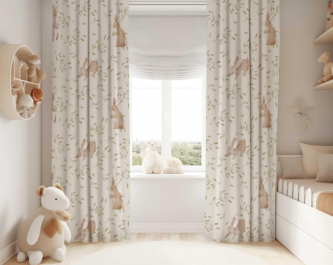 Bunny Rabbit Nursery Curtains | Bunny Rabbit Nursery Decor | Kids Bedroom Curtains | Room Darkening Curtains | Woodland Nursery Curtains