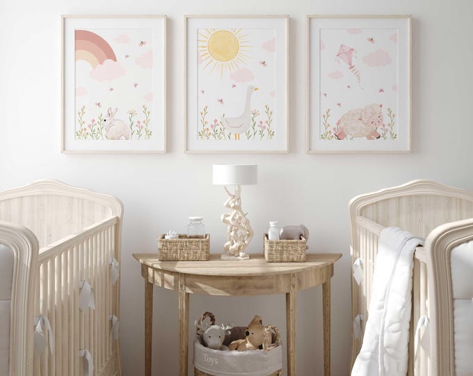 Whimsical Garden nursery wall decor | Bunny, duck, sheep nursery prints | Pink Nursery Decor | Set of 3 prints | Baby Girl Nursery | Gift