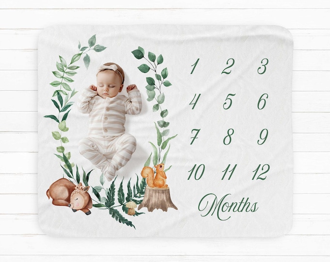 Personalized Woodland Baby Milestone Blanket: Gender Neutral Deer Nursery Decor