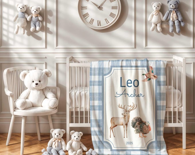 Personalized Blue Plaid Hunting Baby Blanket, Deer Turkey Duck Hunting Nursery Decor, Newborn Baby Boy Soft Blanket, Custom Baby Shower gift