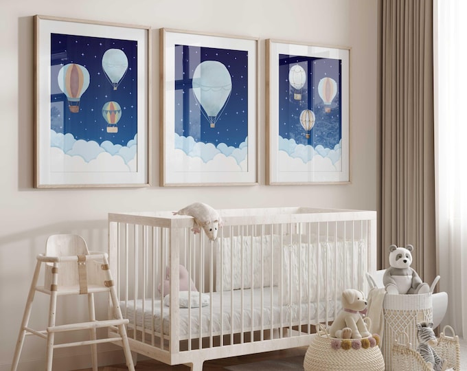 Hot Air Balloons in the cloudy night sky nursery decor, Hot air balloon nursery prints, Set of 3 nursery prints, Blue Hot air balloon art