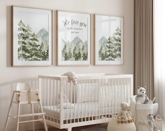 We love you to the mountains and back nursery prints - Green Woodland Nursery Decor