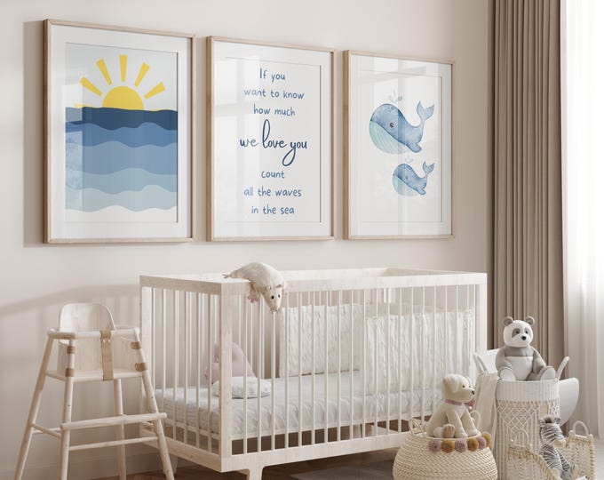 Ocean Nursery Wall Art Print Set of 3, Sunset over waves, whales, If you want to know how much we love you, coastal baby room prints, Blue