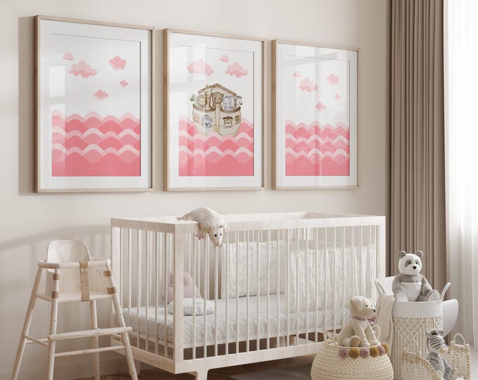 Noah's ark nursery wall decor | Noah's ark nursery prints | Set of 3 prints | Pink Noah Ark's Nursery Decor | Pink baby girl nursery decor