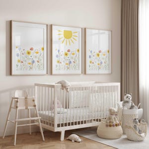 Decoración de pared para guardería con flores silvestres y sol / Láminas para guardería con jardín / Decoración floral para guardería / Juego de 3 láminas / Habitación de niña / Regalo para bebé