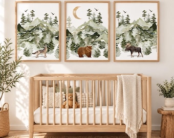 Waldmotiv-Kinderzimmerbilder, 3er-Set, Bär, Elch, Wolf, Bergwandkunst