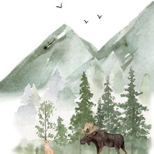 May include: A watercolor illustration featuring a brown moose and a small tan rabbit standing in a forest landscape. In the background, there are green pine trees and large mountains under a white sky with four small black birds flying above.
