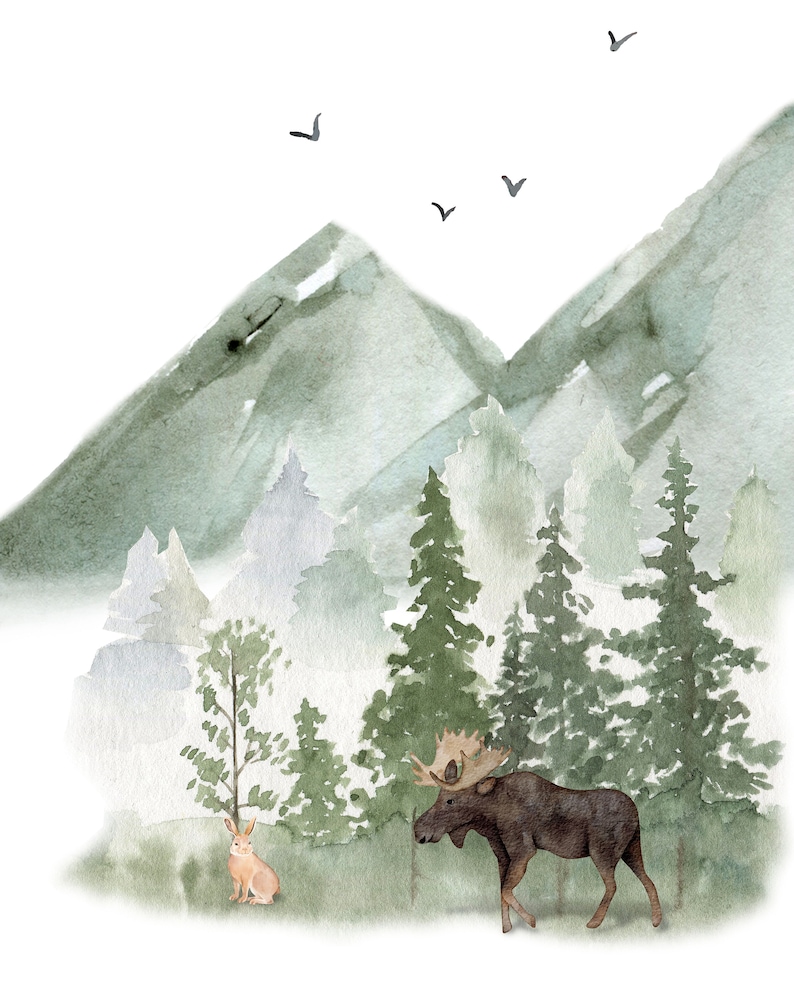 May include: A watercolor illustration featuring a brown moose and a small tan rabbit standing in a forest landscape. In the background, there are green pine trees and large mountains under a white sky with four small black birds flying above.