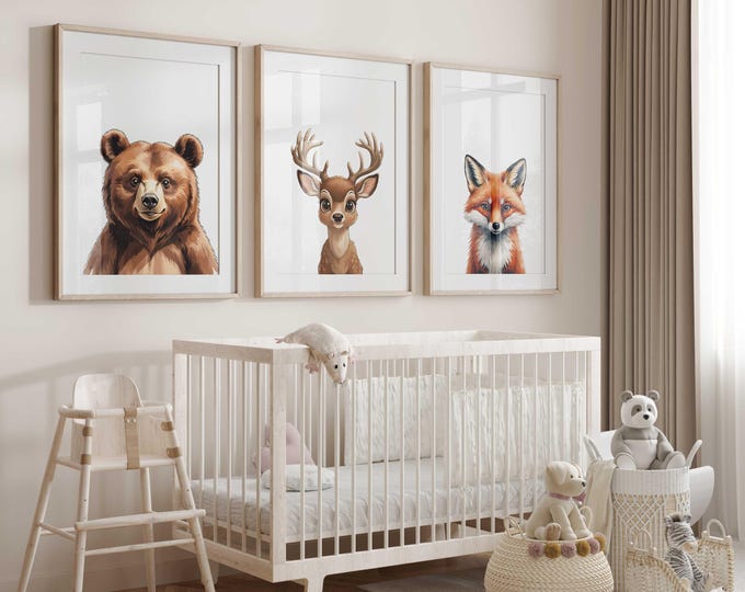 Woodland Animal Nursery Wall Art Prints, Forest Animal Nursery Decor, Set of 3 gender neutral nursery prints, Bear, Deer, Moose, Fox Prints