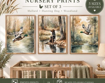 Watercolor Duck Hunting Nursery Prints, Mallard & Dog, Woodland Boy Room Art (Set of 3)