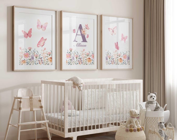 Personalized Butterfly Garden Nursery prints, Butterfly nursery wall decor, pink butterfly garden, girl nursery prints, Set of 3 art prints
