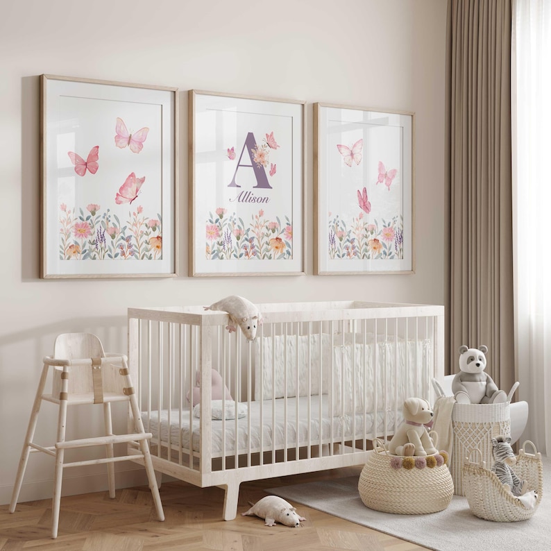 Personalized Butterfly Nursery Prints: Set of 3 Floral Wall Art - Etsy