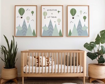 Hot air balloon nursery wall decor | Adventure nursery decor | Mountain Nursery Prints | unframed set of three nursery prints | Green