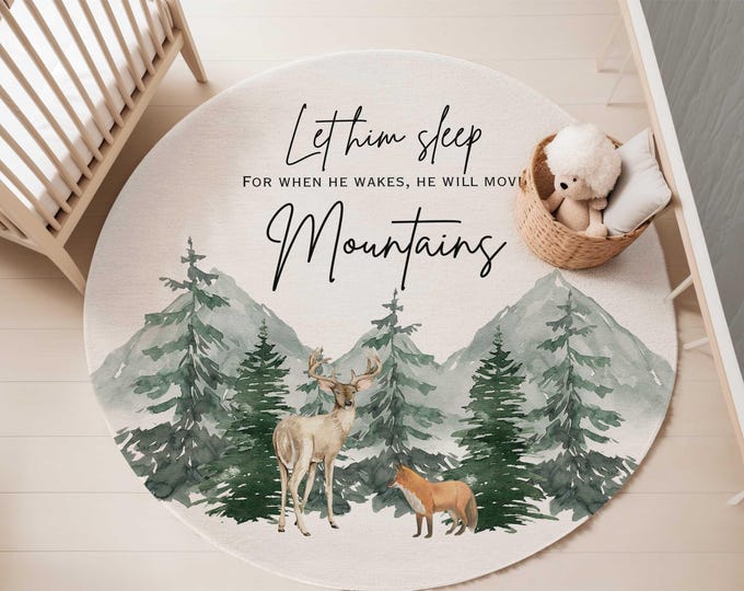 Green mountain nursery area rug | 5-foot Round Area rug | Let him sleep for when he wakes he will move mountains | Carpet for kids' bedroom