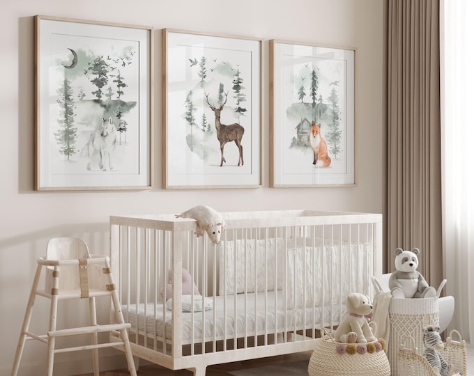 Woodland Animal Nursery Prints: Wolf, Deer, Fox Canvas Art - Set of 3
