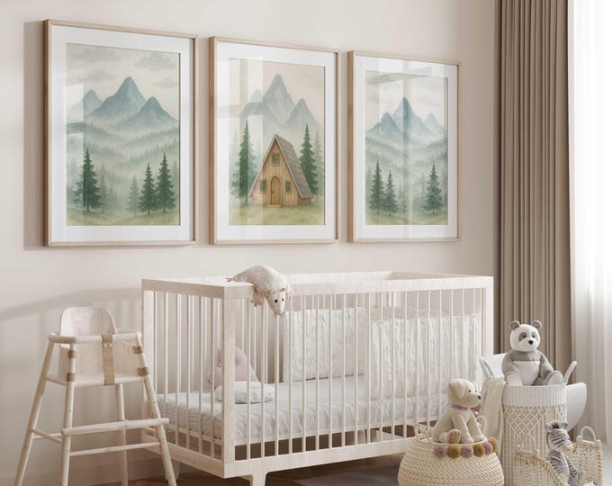 Mountain cabin Nursery Wall Art Prints, Mountain Nursery Decor, Green and Blue Nursery Wall Art, Set of 3 canvas prints, Gender Neutral Art