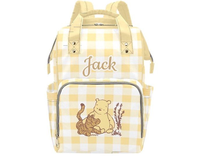 Winnie the Pooh Diaper Bag Backpack: Yellow Plaid, Personalized