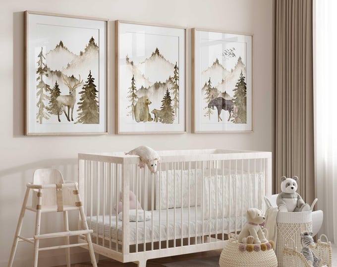Brown Mountain Nursery Wall Art Prints, Woodland Animal Wall Art Prints, Mountain Nursery Decor, Moose, Bear, Deer, Set of 3 Nursery Prints