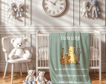 Personalized Winnie the Pooh Baby Blanket | Winnie the Pooh Bear Nursery Theme | Green Baby Blanket | Baby Boy Pooh Crib Blanket | Baby Gift