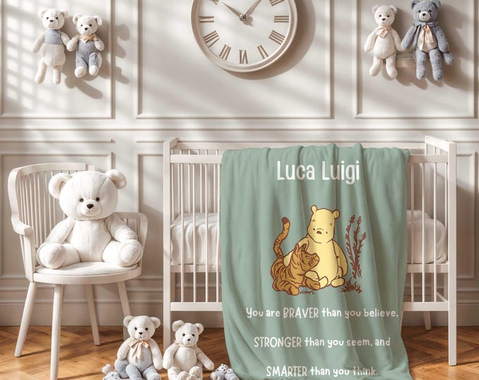 Personalized Winnie the Pooh Baby Blanket | Winnie the Pooh Bear Nursery Theme | Green Baby Blanket | Baby Boy Pooh Crib Blanket | Baby Gift
