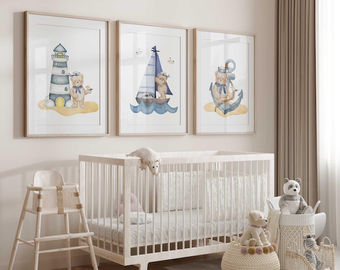 Sailor Teddy Bear Nursery prints, Baby Boy Ocean Nursery Wall Art Prints, Nautical Nursery Prints, Set of 3 Nursery Prints, Teddy Bear Art