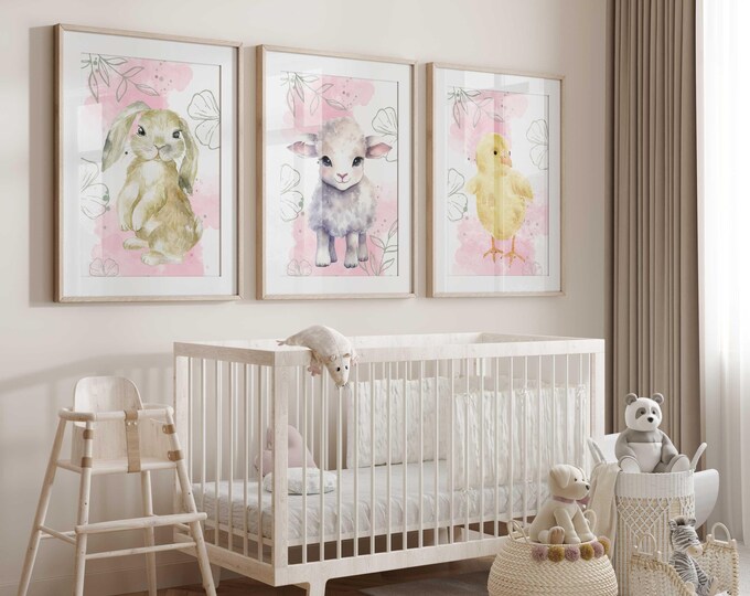 Cute Farm Animal Nursery Art Prints, bunny sheep and chick Nursery Decor, Baby Girl Nursery Prints, Set of 3 pink nursery prints, animal art