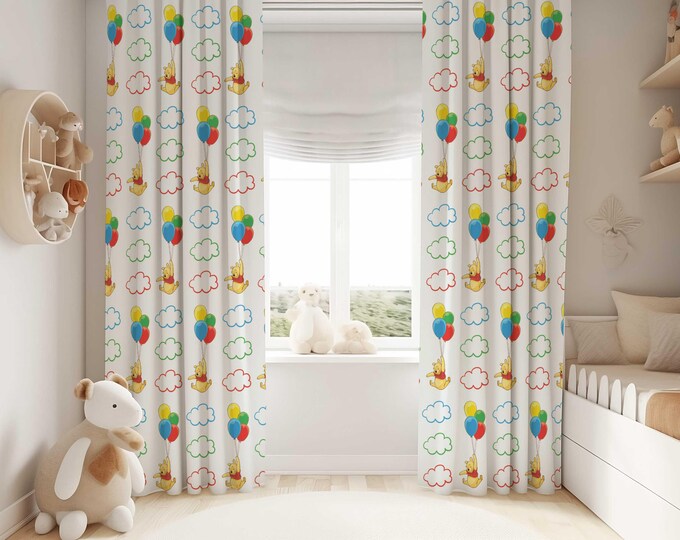 Winnie the Pooh Bear Nursery Curtains, Winnie the Pooh balloon Nursery Decor, Kids Bedroom Curtains, Nursery Window Curtains, White Curtains