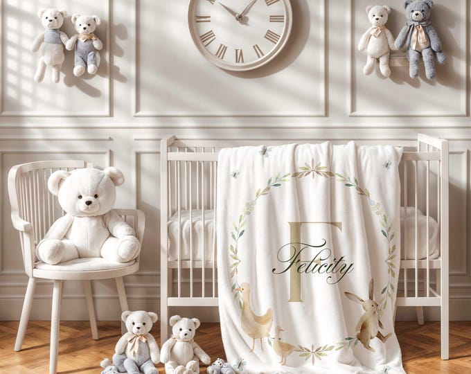 Personalized goose and bunny Baby Blanket, Storybook animal Nursery, Baby Girl Name Blanket, Baby girl Crib Blanket, Toddler girl gift