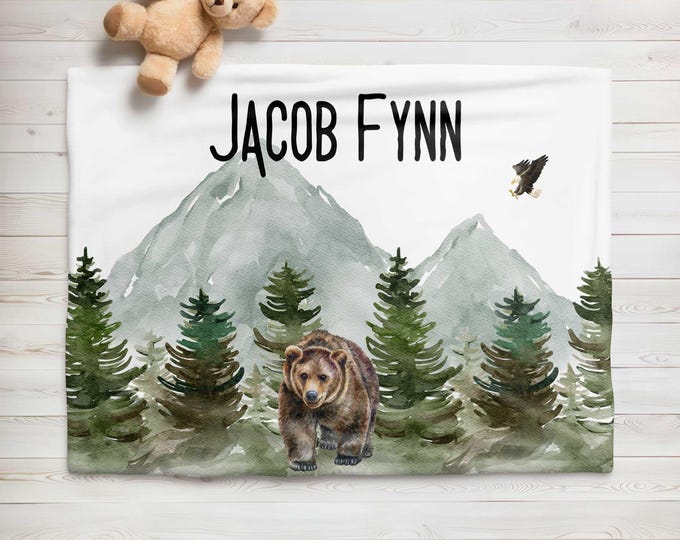 Personalized Bear Mountain Forest Nursery Blanket: Green Woodland Baby Blanket