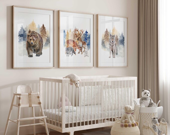 Animal Nursery Wall Art Prints, Woodland Nursery Prints, Woodland Print Set, Rustic Nursery Prints, Wolf Bear Deer Nursery wall art prints
