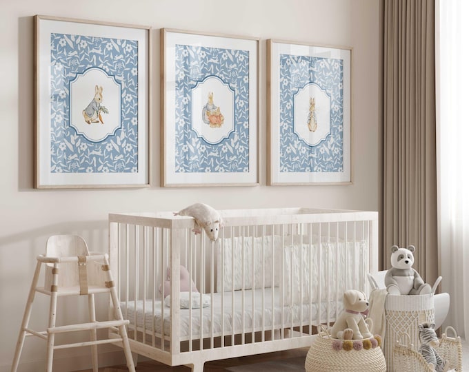 Peter Rabbit nursery wall decor, Peter Rabbit nursery prints, Blue Nursery Decor, Set of 3 prints, Blue bunny Nursery Decor, Gender Neutral