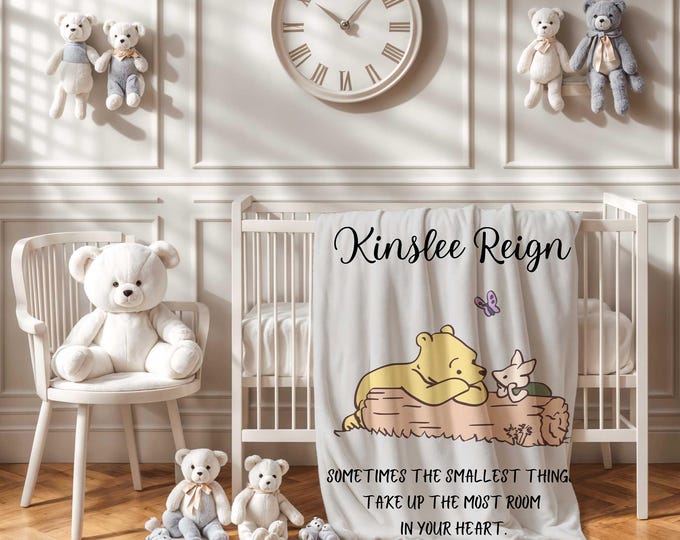 Personalized Winnie the Pooh Baby Blanket | Winnie the Pooh Bear Nursery Theme | Gray Baby Blanket | Baby Boy Pooh Crib Blanket | Baby Gift