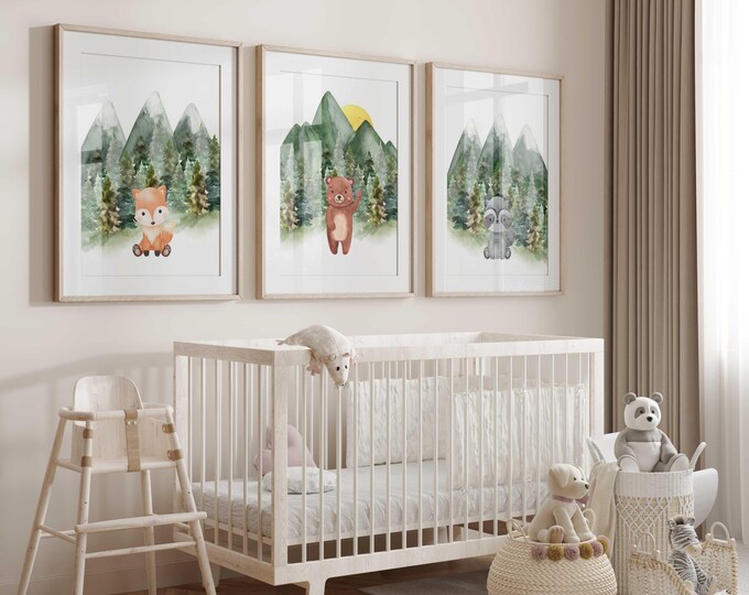Mountain Nursery Prints, Mountain Nursery Decor, Animal Nursery Wall Art Prints, Woodland Animal Nursery Decor, Set of 3 Nursery Art Prints