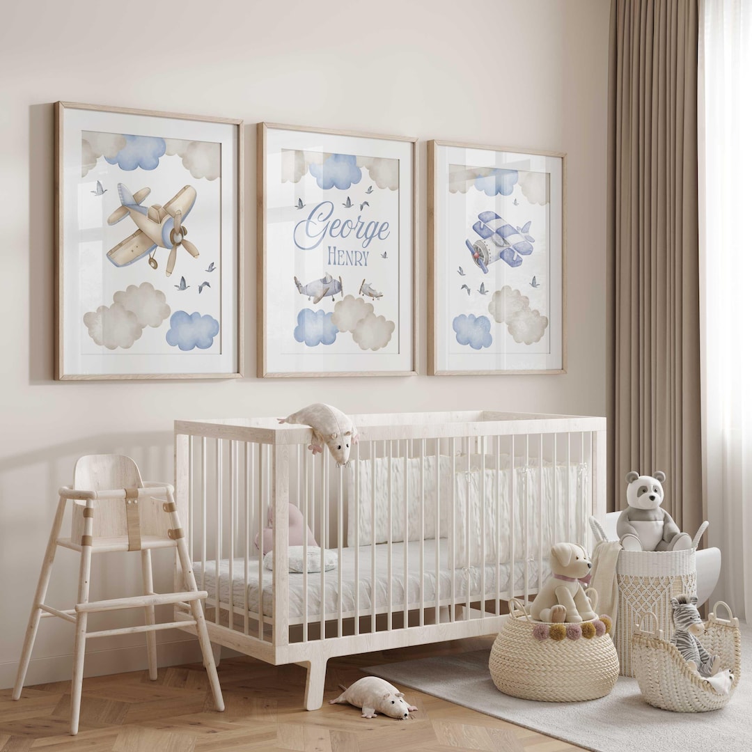 Personalized Vintage Airplane Nursery Prints: Cloudy Sky Decor, Baby ...
